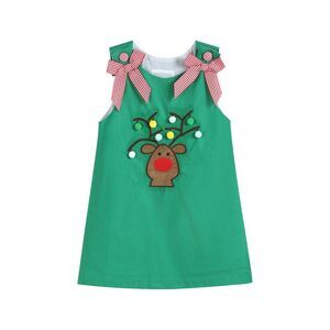 Lil Cactus Girls  Pompom Reindeer Swing Dress, Green